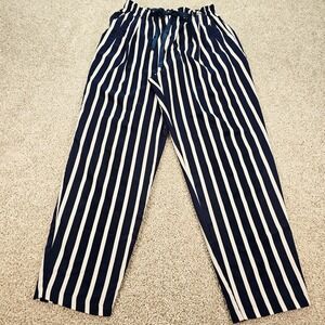 Zara Basic Navy Blue White Striped Paperbag Waist Drawstring Pants XL